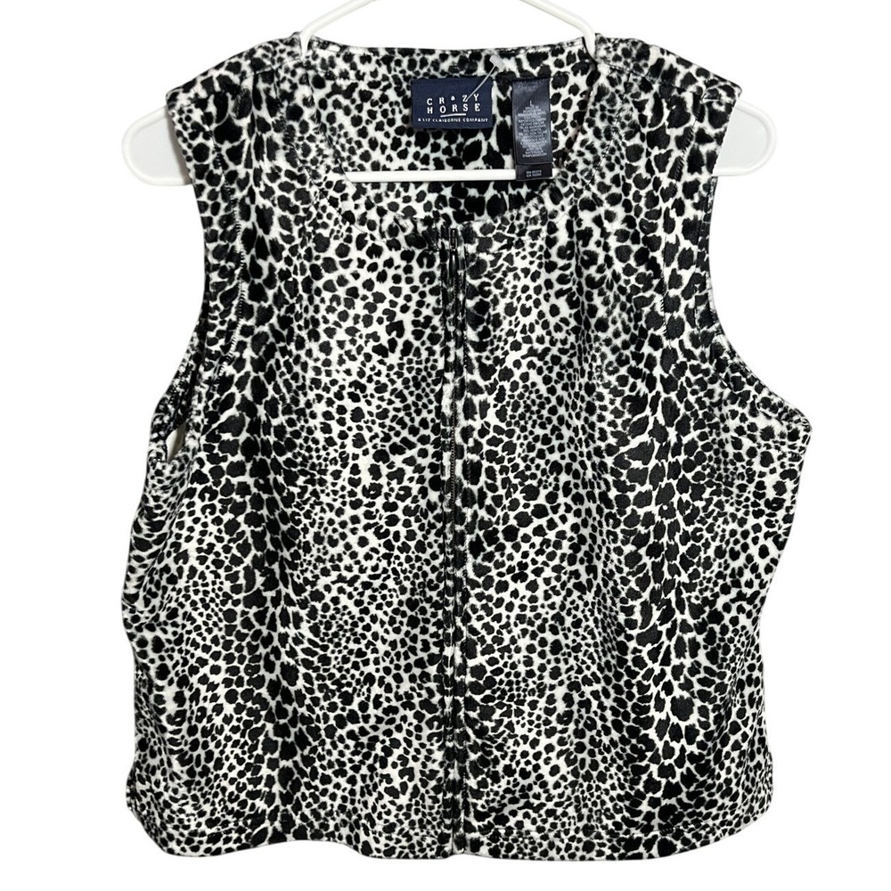 Crazy Horse Liz Claiborne Women's L Fleece Vest Full Zip Leopard Print Black